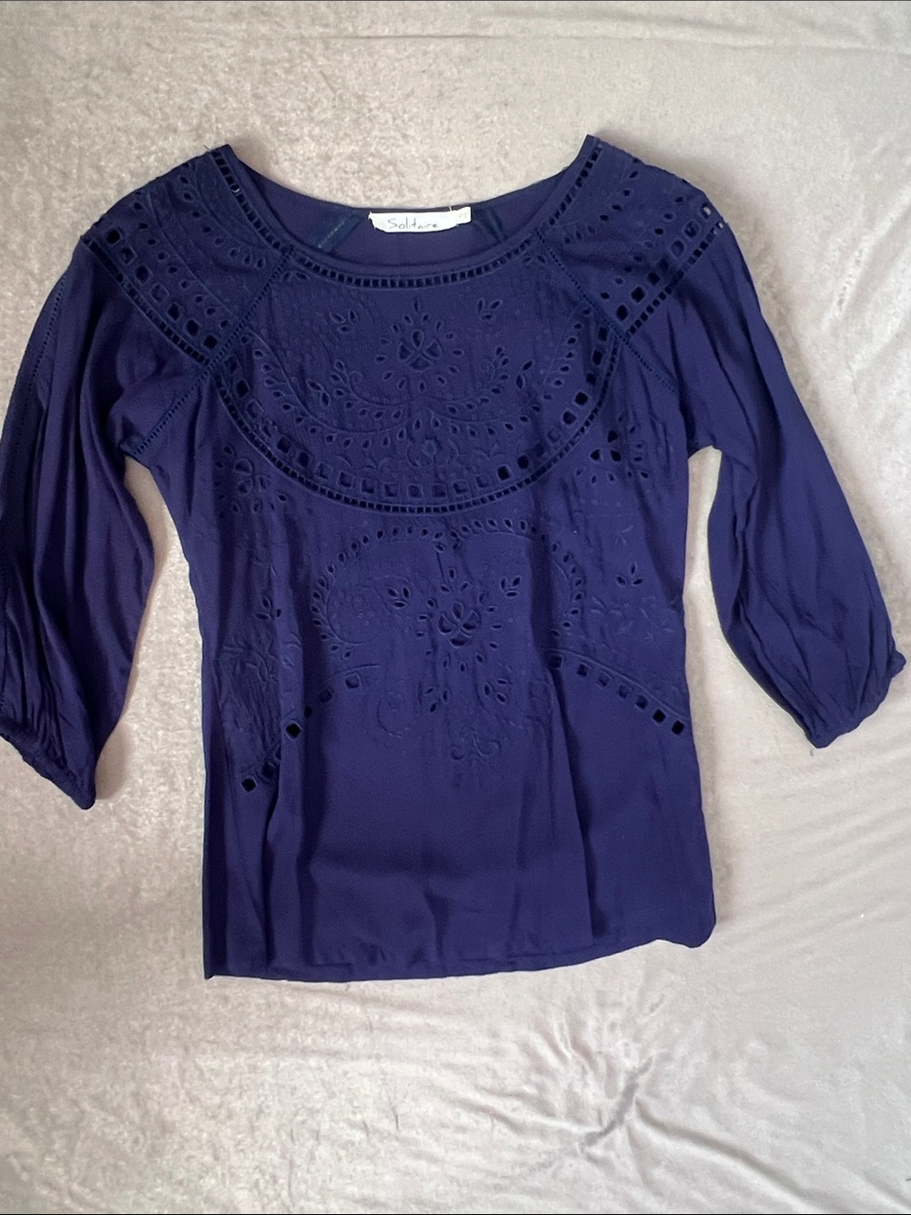 Solitaire embroidered Navy Eyelet Scoop-Neck Blouse